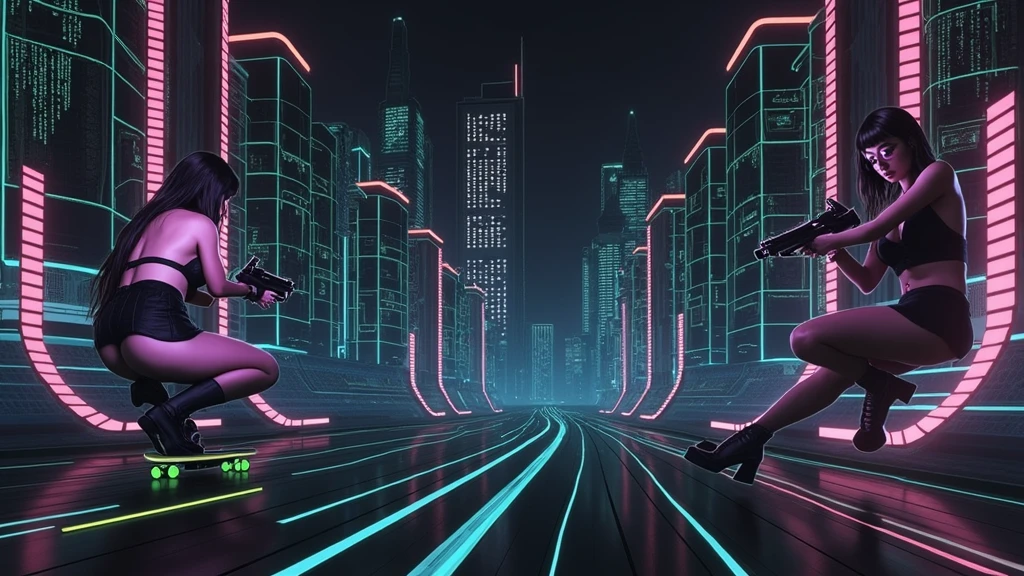 Matrix inspired futuristic cityscapes with colorful all-glass outlined towering skyscrapers with lightning, flying vehicle. High-resolution OLED GUI interfaces in the building, The windows are filled with transparent data visualization infographics that show it all, very close-up green glowing cascading code. Colors are saturated and vibrant. At night, (1 female assassin crouching on a skateboard, solo, alone), photorealistic, large-breast slim:0.6 body, oval:0.5 face, black mini bra, cleavage:1.1, deep-v, very low angle view of black pleated miniskirt, white panty, (upskirt), glove, (Matrix style black micro sunglasses), (aiming viewer with a short gun), dynamic skateboard jumping pose, (full-body thigh level close-up:2.0 shot), cinematic lighting, ray tracing, motion blur background.