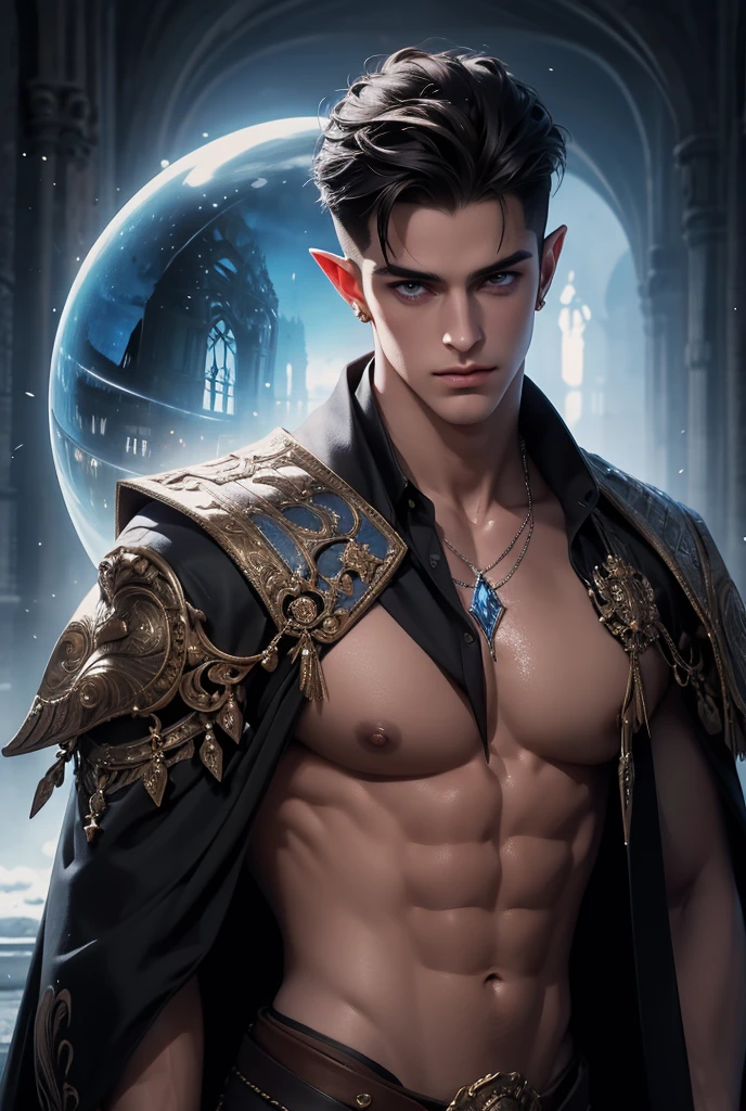 Absurdres, Masterpiece, Excellent, a tall handsome muscular young man, solo, perfect facial features, (short hairstyle:1.5), sexy gaze, beautiful, gorgeous, wet, digital painting, (wizard), slimming, elf, gray pupils, (floating crystal ball), wizard outfit, relax, detailed background, Fantasy, Magical, Mystical, Ethereal, Unique Style, Surreal, Symbolic, magical tattoos, looking at the viewers romantically,