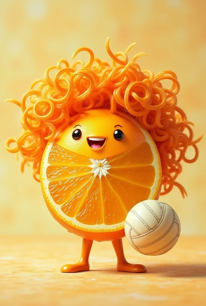 A fruit that is half an orange that has curly hair that has Caesar juice as a title in the image for an icon with a volleyball 
