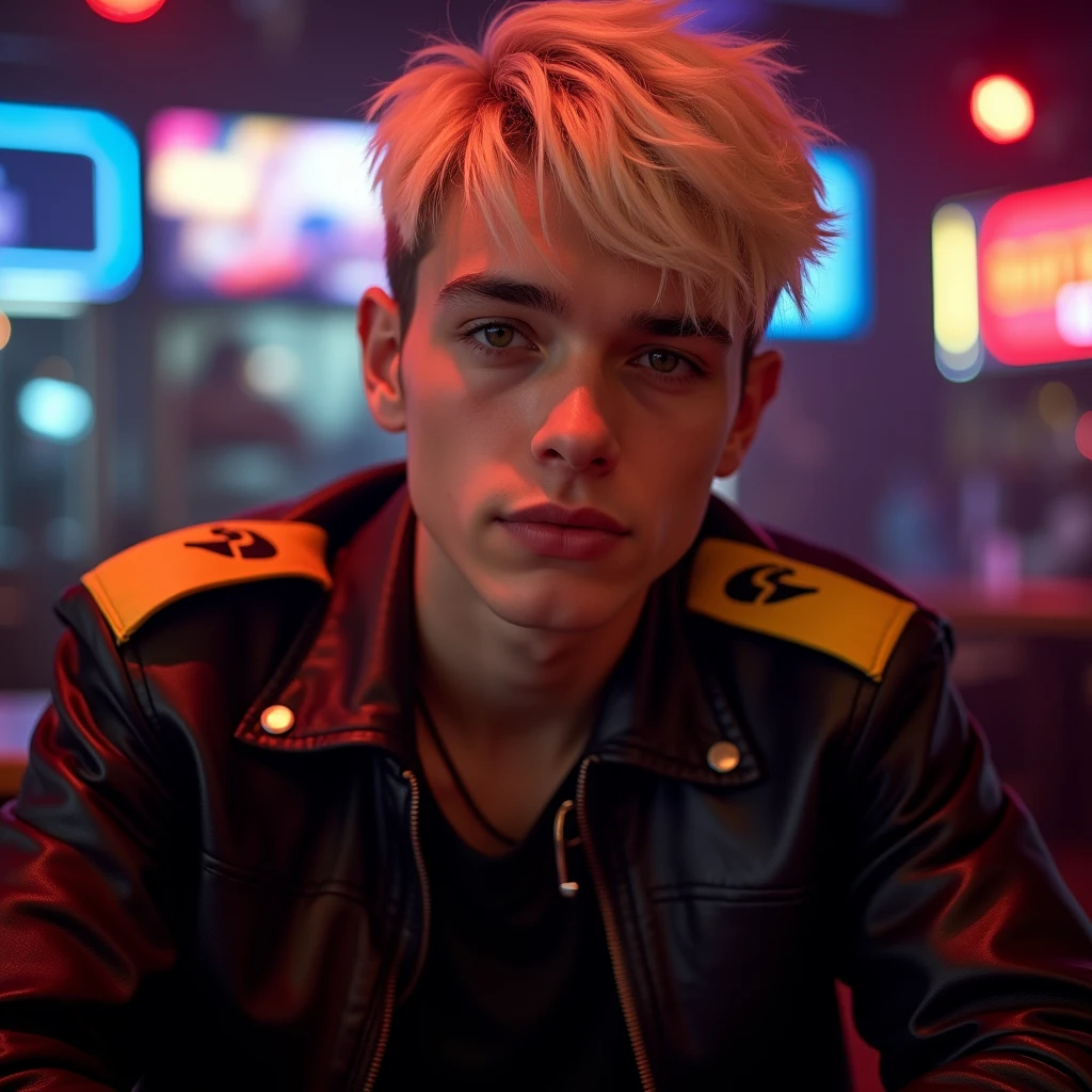 photograph head shot, attractive 22 year-old male model, very short layered platinum blond hair with side swept bangs, boyish features, skinny svelte body, inquisitive smirk expression, almond shaped eyes, very pale skin tone, 16k, extremely detailed skin, black leather jacket with yellow accents on shoulders, inside night club