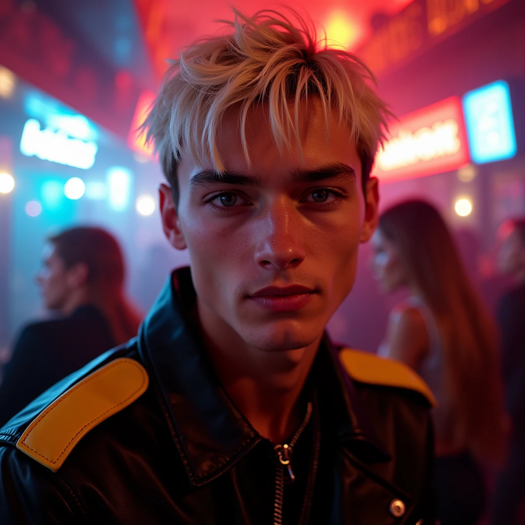 photograph head shot, attractive teen 22 year-old male model, very short layered platinum blond hair with side swept bangs, boyish features, skinny svelte body, inquisitive smirk expression, almond shaped eyes, very pale skin tone, 16k, extremely detailed skin, black leather jacket with yellow accents on shoulders, inside night club