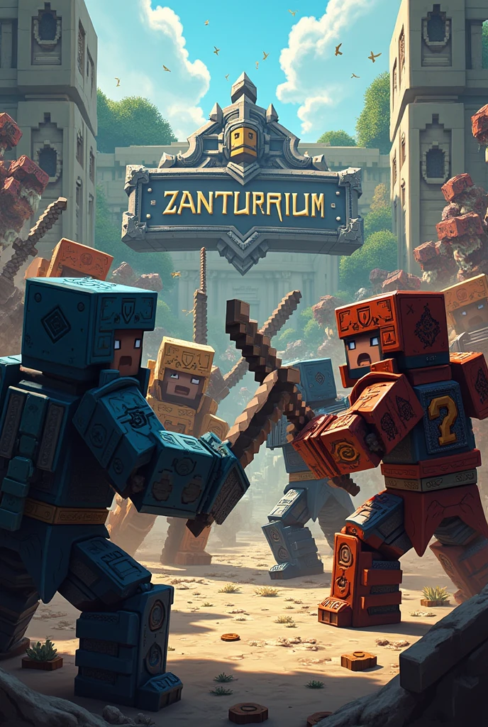 minecraft with several subjects equipped with armor fighting each other with a logo that says "ZANTUARIUM "