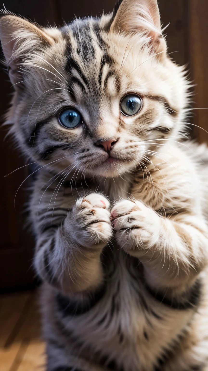 a kitten making little hearts with its hands, ultra realistic high resolution