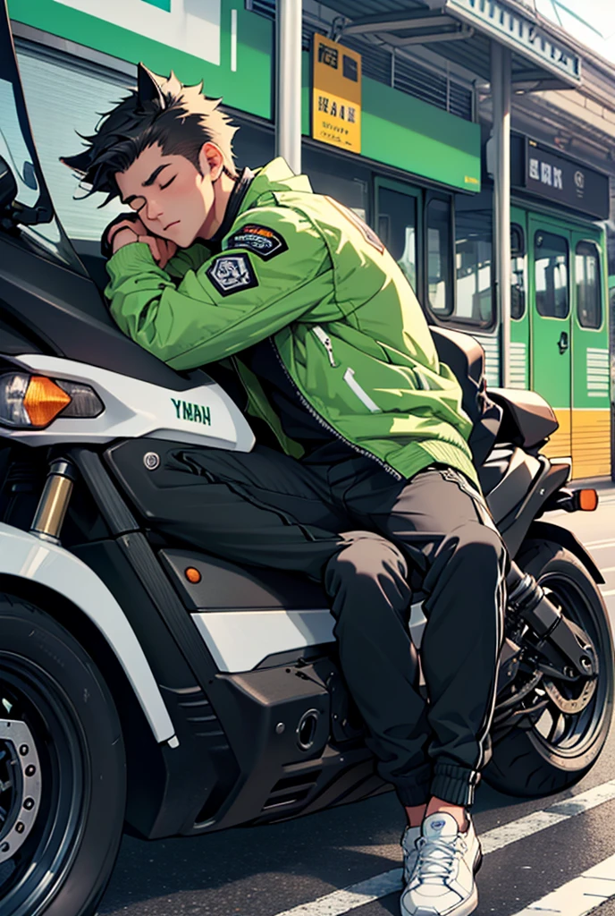 A cool man wearing a green jacket with the words 'gopartner' written on it, wearing black trousers and white shoes, was lying down and sleeping with his head facing the edge. The man was lying asleep on a gray Yamaha automatic motorbike. Location under the tree in front of the train station.Masterpiece, High Resolution, Short Hair, Monkey Ears, Closed Eyes,