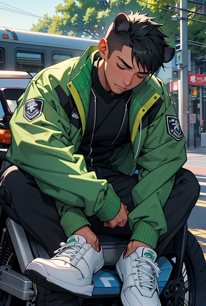 A cool man wearing a green jacket with the words 'gopartner' written on it, wearing black trousers and white shoes, was lying down and sleeping with his head facing the edge. The man was lying asleep on a gray Yamaha automatic motorbike. Location under the tree in front of the train station.Masterpiece, High Resolution, Short Hair, Monkey Ears, Closed Eyes,