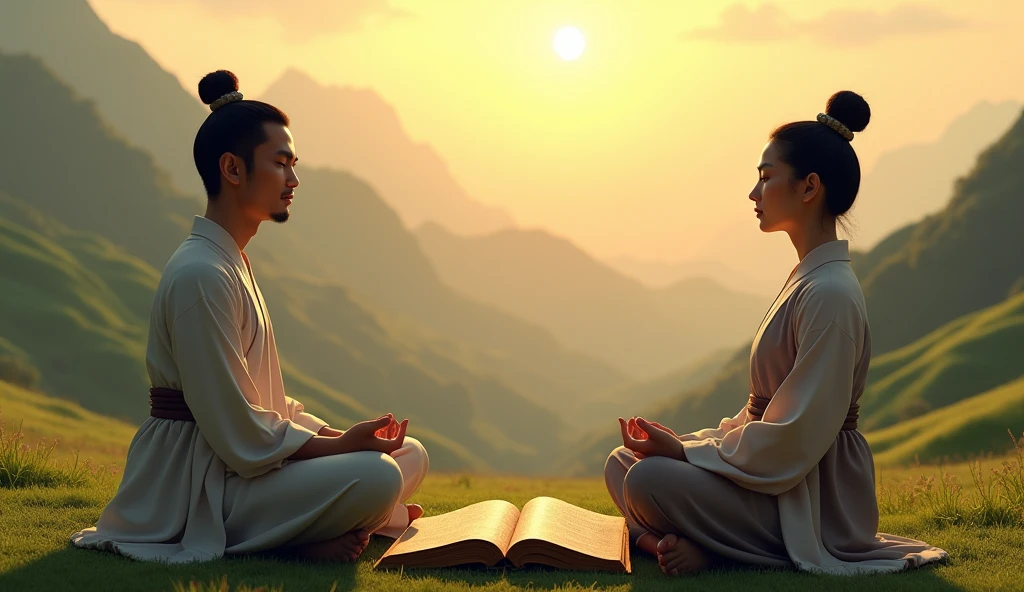 2 Asian person meditating in a serene valley, with mountains in the background and the sun rising behind them. A book of ancient wisdom lies open on her lap, symbolizing the search for knowledge and balance.