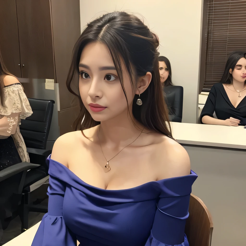 dirty off shoulder dress, open chest, , puffy sls, tangled hair, cowl neck, wrapped, office, at table, busy, crowd