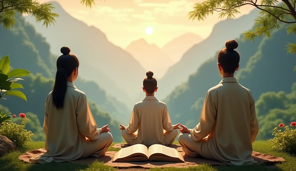 3 Asian person meditating in a serene valley, with mountains in the background and the sun rising behind them. A book of ancient wisdom lies open on her lap, symbolizing the search for knowledge and balance.