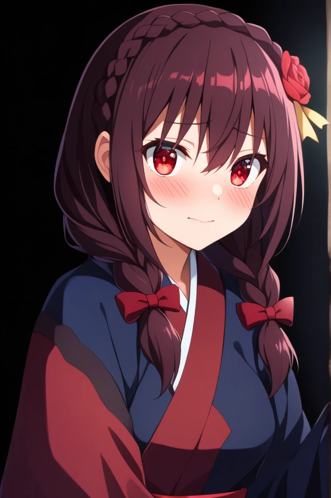 alone, One person, Yunyun, (Mouth open)、 (Embarrassed look:1.8)、Crown braids of the same color as your hair, (Glowing red eyes:1.8)、(eyes shine red:1.8)、hair ornaments,(Pale blue kimono with red floral pattern and red obi、Starry Sky、(Eyes glowing red in the darkness:1.8)