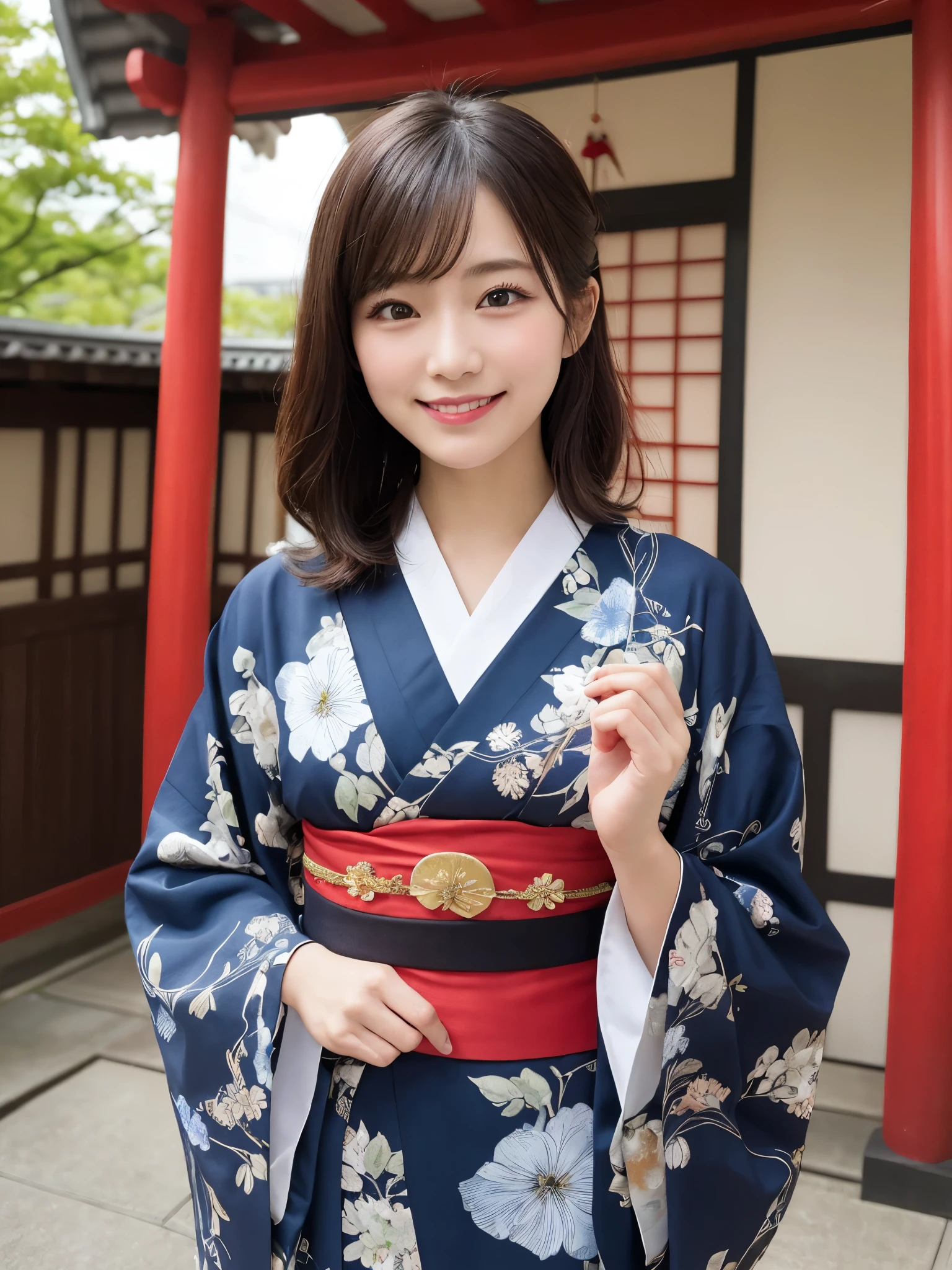 1girl, solo, highres, best_quality, masterpiece, detailed_background, intricate_details, beautiful, sendai, osaki_hachiman_shrine, historical, traditional_clothes, kimono, serene, smile, looking_at_viewer, dynamic_pose, natural_pose, candid, happy