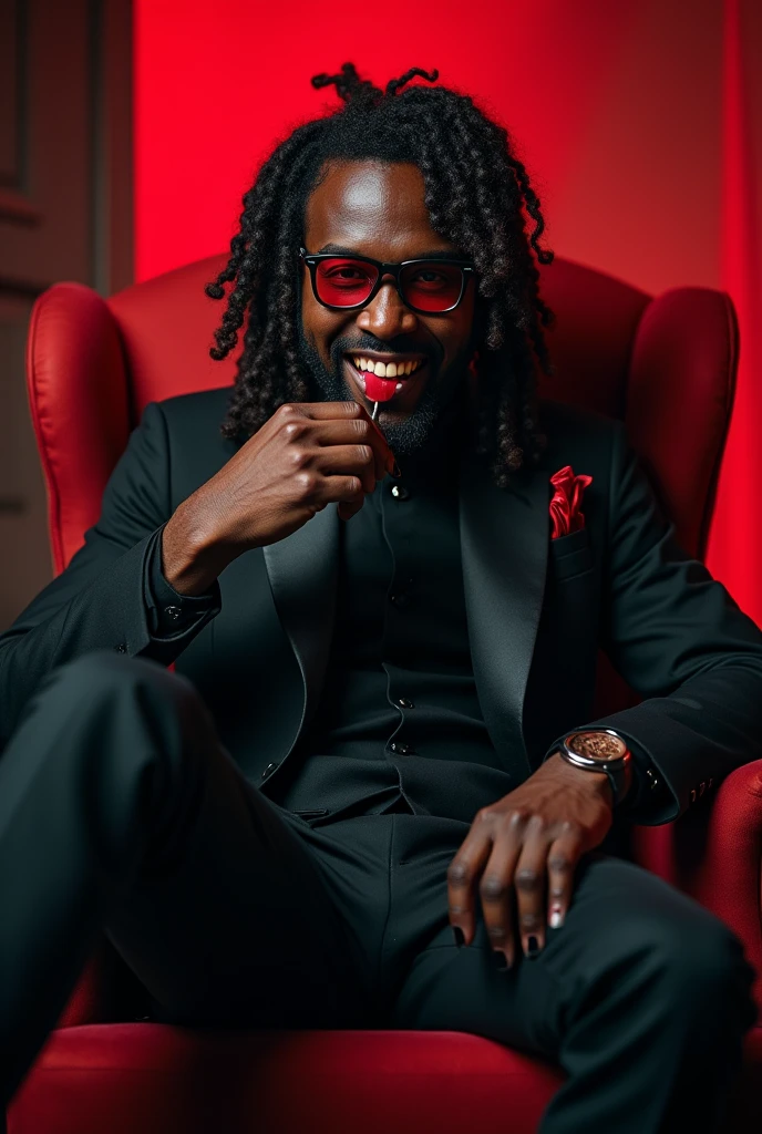 tall black man. 1 meter and 90 with curly hair with braids with ponytail and with a black suit with red details on the suit appearing with the vampire fangs showing and large appearing he is wearing black glasses with transparent red lenses he will be on a throne with his leg crossed with one hand stretching his mouth and showing the fangs. Fangs of the larger teeth much larger and he will be with a toothpick