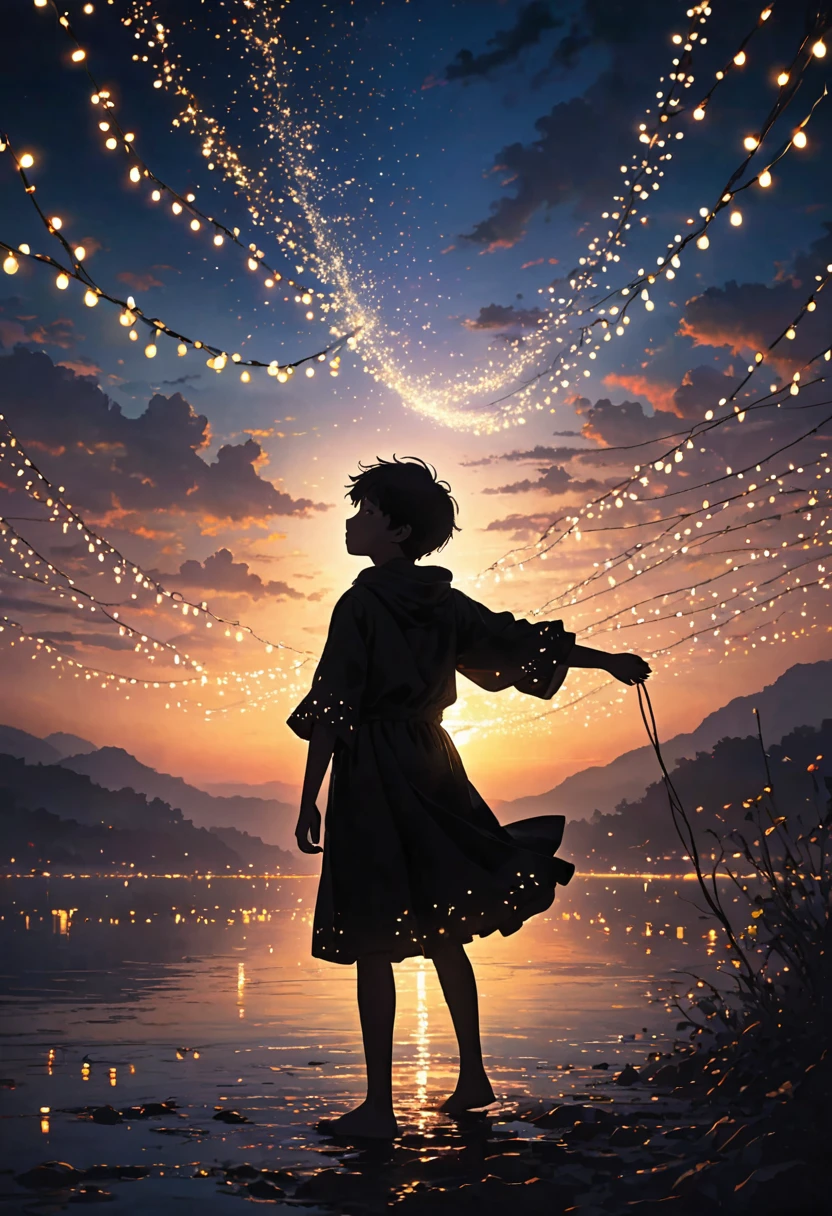 The image depicts a silhouette of a boy standing against a stunning sunset background. The sky transforms from deep black near the horizon to a deep white as it rises. The figure appears to be surrounded by a series of tiny glowing fairy lights, some of which are lit, creating a striking and captivating contrast to the dark silhouette. The figure appears to be extending one arm, perhaps adapting to or interacting with the lights. The overall mood of the image is peaceful and magical.