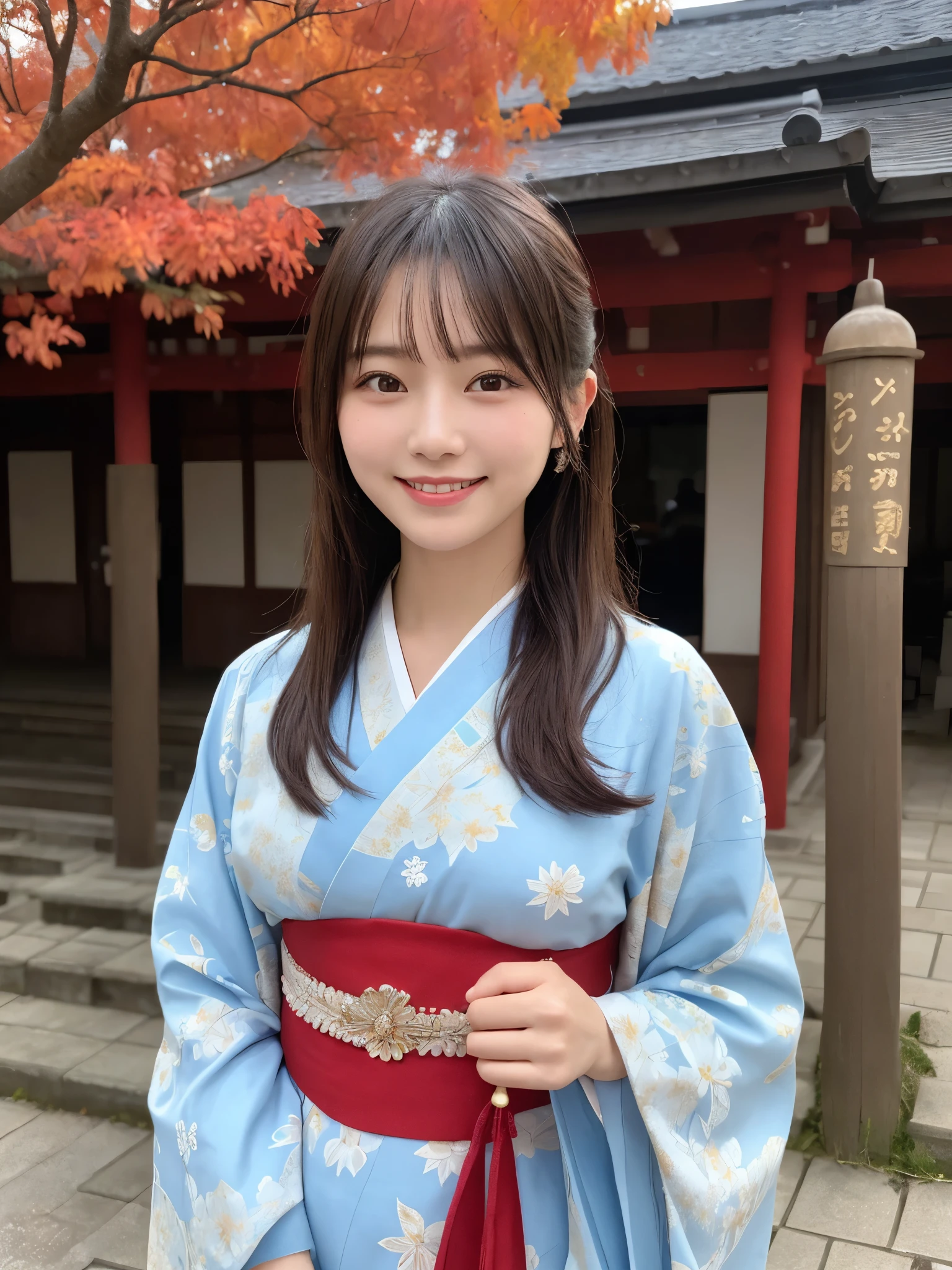 1girl, solo, highres, best_quality, masterpiece, detailed_background, intricate_details, beautiful, sendai, osaki_hachiman_shrine, historical, traditional_clothes, kimono, serene, smile, looking_at_viewer, dynamic_pose, natural_pose, candid, happy
