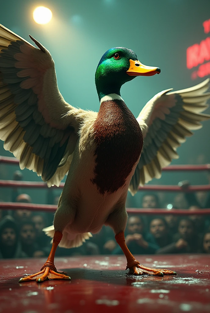A green-headed mallard duck winning a boxing match against a monkey