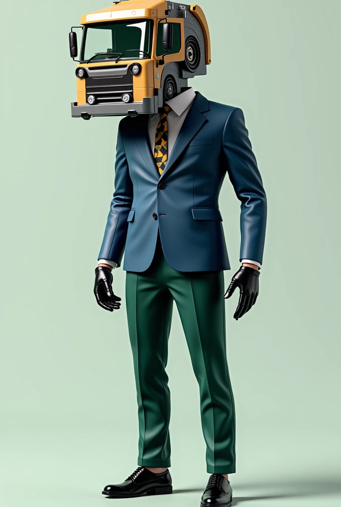 A humanoid being with the main characteristic of having a head replaced by a garbage truck, he wears a blue suit with a blue tie and green pants, he wears black leather gloves and shoes