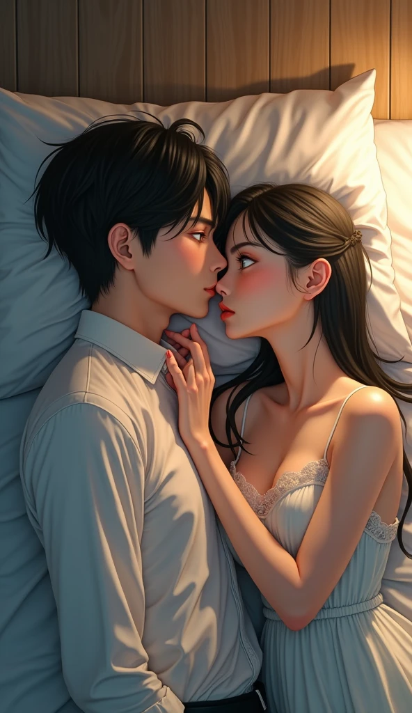 (32K:1.9, Realistic:1.9, Highest quality, masterpiece, Ultra-high resolution), Perfect dynamic composition:1.3, Highly detailed skin and facial textures:1.3, (Cute sexy slim Japanese girl, height: 155cm), (Slimman, Length 180cm), ((both are lying on the bed。, A man gives a pillow to a woman。:1.3, to kiss:1.4)), Fair skin, ((Clarity:1.1)), (Man wearing formal uniform, Bright yellow hair, beautiful目:1.3), (The woman is wearing a pure white camisole dress, Straight black hair:1.3, smile:0.9, A man completely charms a woman:0.9, beautiful Blue Eyes, beautiful, Clear Eyes:0.8), Sexy Face:0.4, blush:1.1, ((beautifulエロティシズムを醸し出す雰囲気:1.0, Professional random camera work:1.0, Cinematic Lighting Effects:1.0, romantic:1.0, artistic:1.0, mysterious:1.0)), Too erotic, Object of admiration, original, dramatic, Innovative, charm, Heartful, Fancy, Tilt, sense of loss, special, exciting, Extreme, sense of openness, joy, joyの表現, ((若さのcharm, 女性的なcharm))