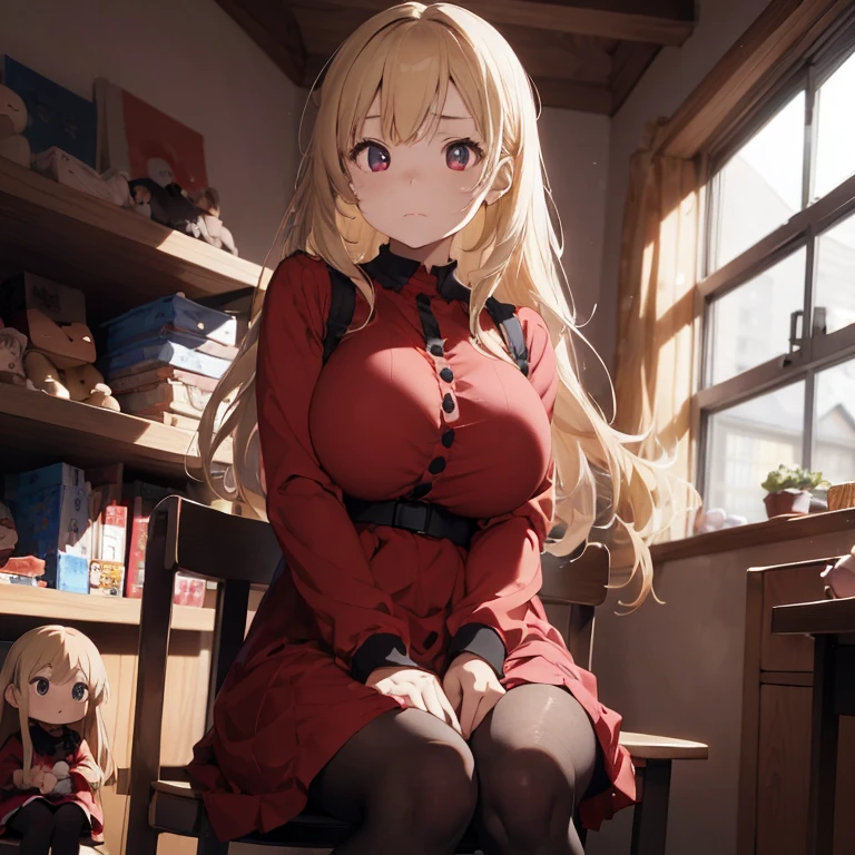 1 female, teenage girl, red long sleeve dress, blonde long hair, rosa cheeks, doll store, playing a dolls, sad face, huge breast, lonely, in darkest sky, black, tear in her face, fear, sitting in the chair, pantyhose