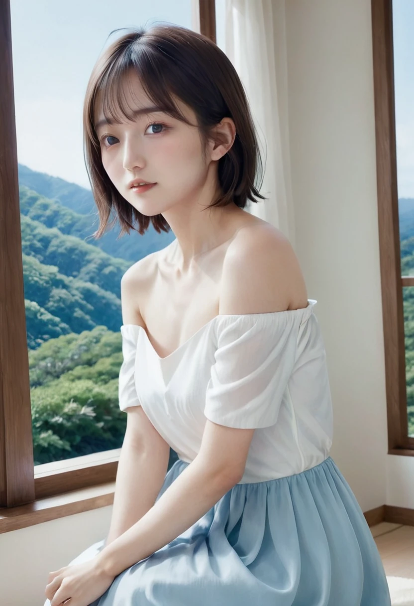 photographic, Japanese summer, HAKONE, tatami room, sitting, summer mountains outside the window, Blue sky, Summery white dress, off shoulder, long skirt, chest, Barefoot, fan, (full_body_shot,) ((mature_female,)) wavy_fluffy_bob_cut, blunt_bangs, brown_hair, big_drooping_eyes, lips, ((petite,)) ((round_face,)) (small_breasts), 