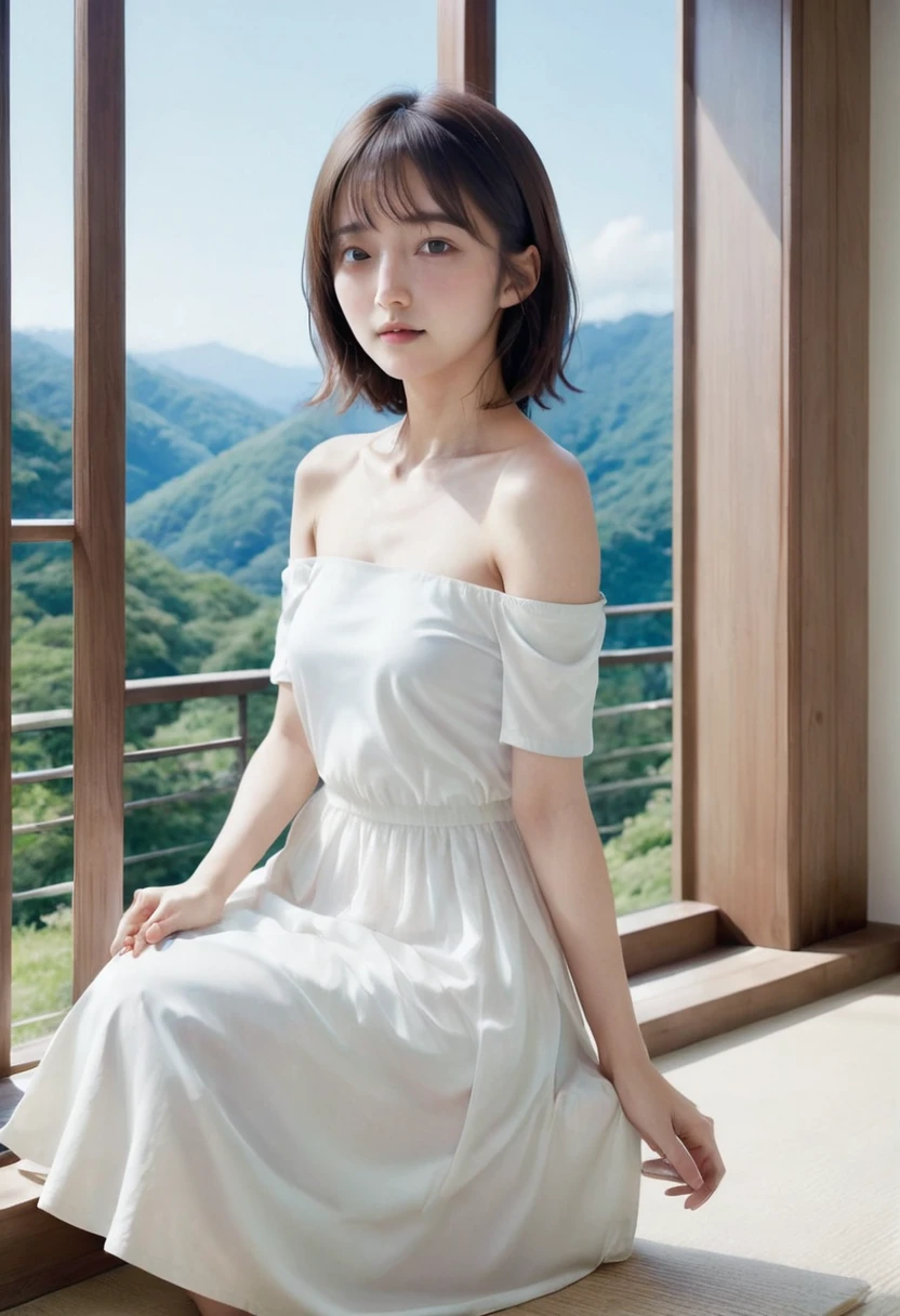 photographic, Japanese summer, HAKONE, tatami room, sitting, summer mountains outside the window, Blue sky, Summery white dress, off shoulder, long skirt, chest, Barefoot, fan, (full_body_shot,) ((mature_female,)) wavy_fluffy_bob_cut, blunt_bangs, brown_hair, big_drooping_eyes, lips, ((petite,)) ((round_face,)) (small_breasts),