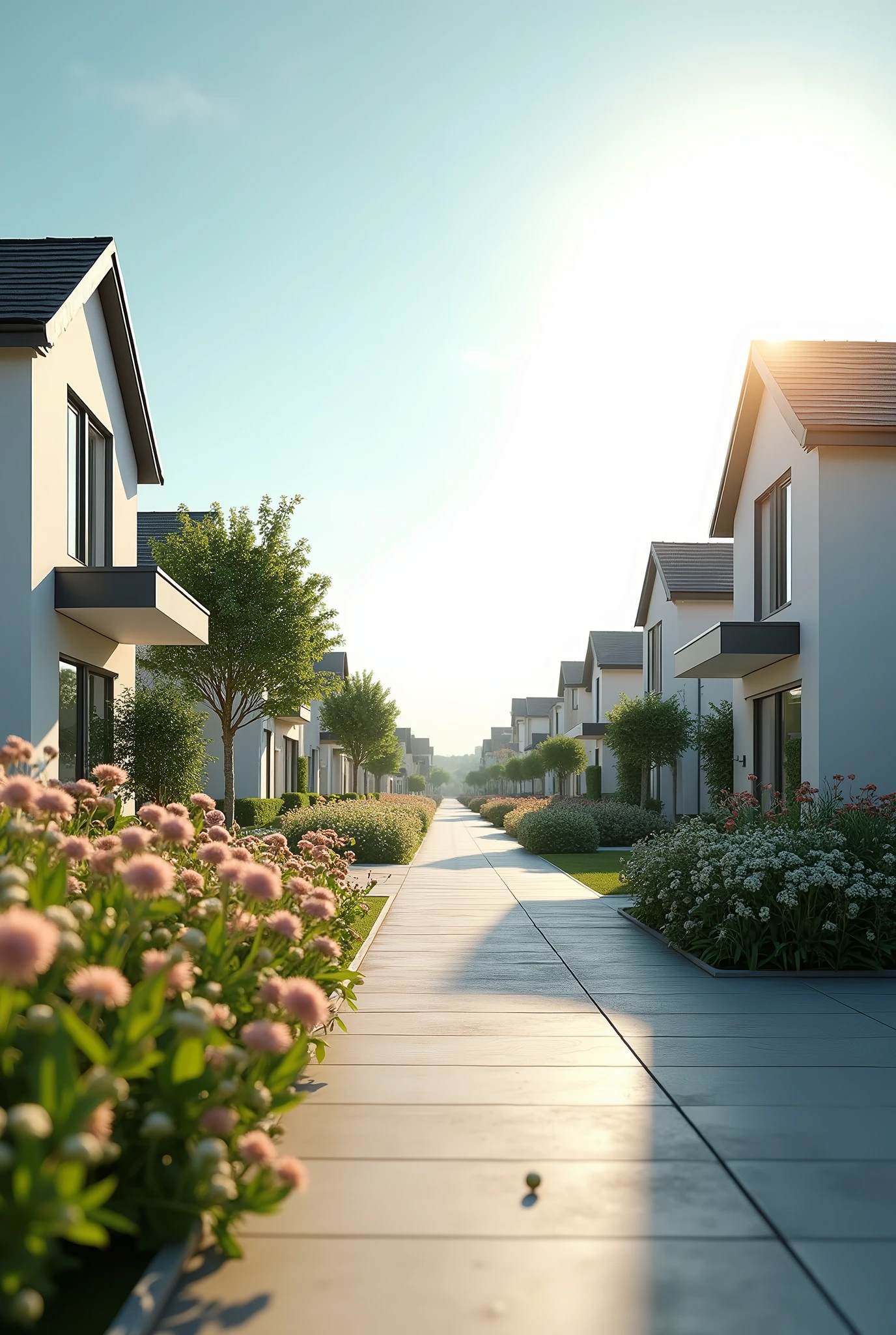 Create a highly realistic 4D image capturing a suburban scene on a bright day. The image features modern houses surrounded by gardens with slightly wilted flowers, reflecting the heat of the day. The sky is a pale blue, almost washed out, with intense sunlight glaring down, making the scene feel almost blindingly bright. The overall atmosphere is one of a hot, dry day in a suburban area, with the light and colors making the scene feel almost overwhelming in its brightness.
