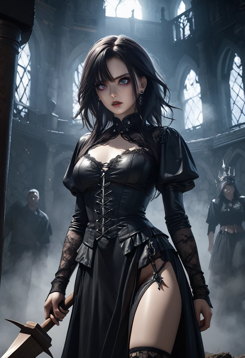 Gothic girl, 1 girl, brunette, ultra realistic, ultra detailed, best quality, 8k, wallpaper, sitting, front, open legs, black dress, short dress, tight dress, tiny panties, tight panties, black leather boots, white panties, panty view, upskirt, cameltoe, pantyshot, RAW, seminu, thong,