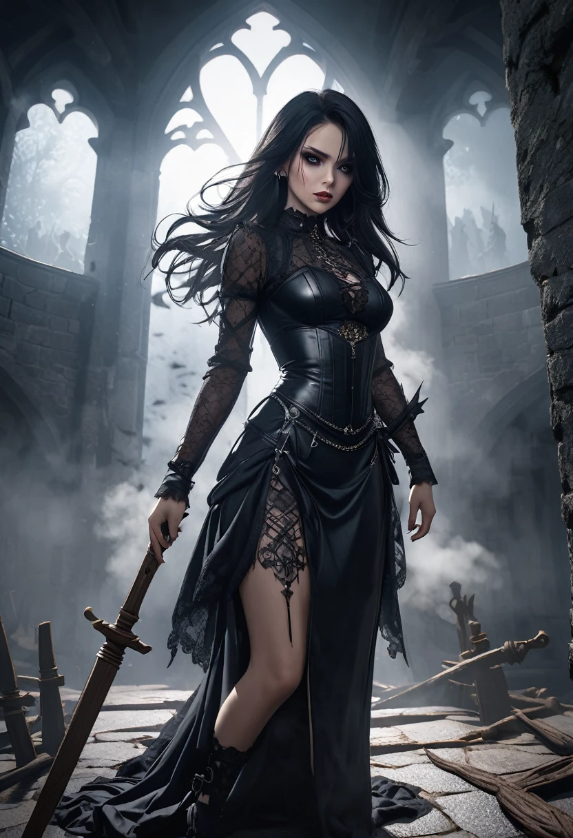 a beautiful gothic woman in a sensual outfit, long dark hair, piercing eyes, detailed face, standing in a dark Romanian castle setting, impaling her male victims with a sharp wooden stake, dramatic lighting, mist, cinematic composition, dramatic, photorealistic, 8k, high quality, dark fantasy, dramatic