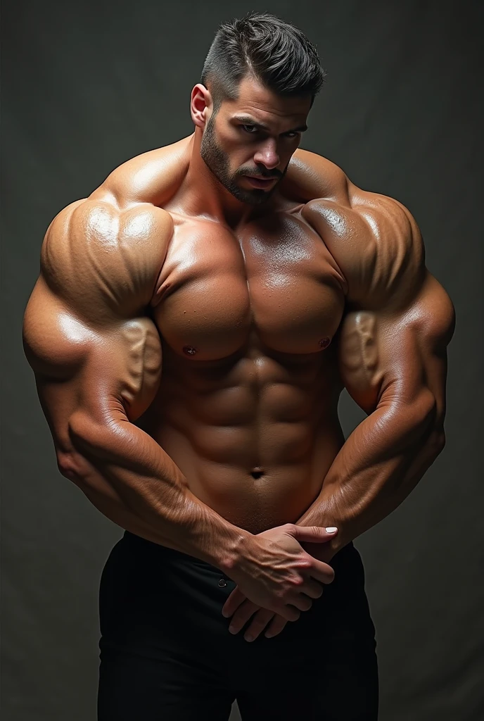 Jeune homme avec une musculature énorme
et surdevloper qui dépasse, ses énormes muscle dégouline de sueur et il prennent une pose sexy