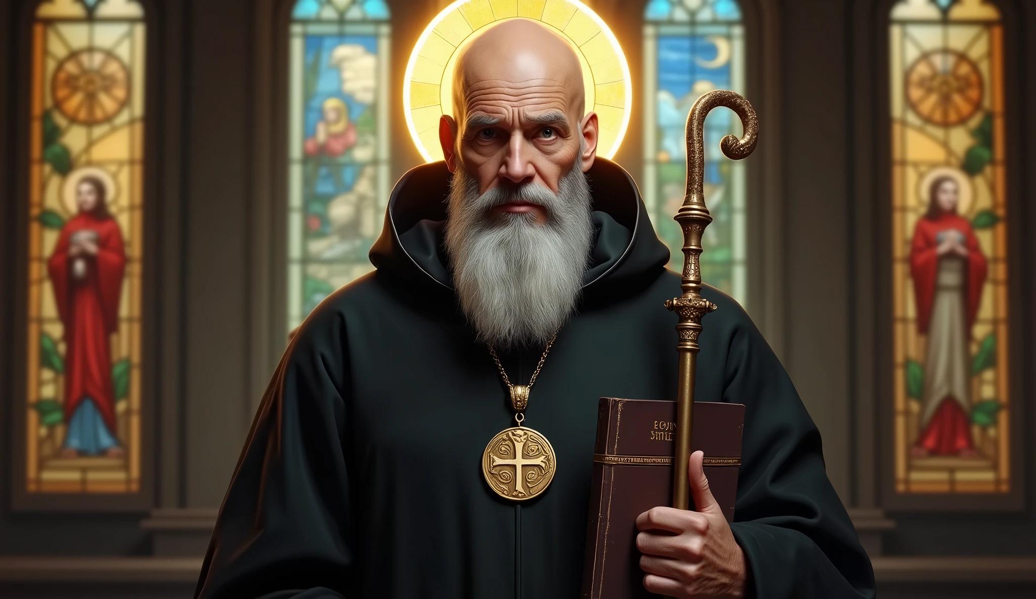 ultra realistic image of bald Saint Benedict with a long white beard without many wrinkles, com 55 anos, black cloack, calm and firm look, with his medal with the cross of Saint Benedict, a bronze chalice and a bronze staff with a snail's tip, in the pocket a bible, around his head a lighted halo, convey depth, in the background stained glass windows