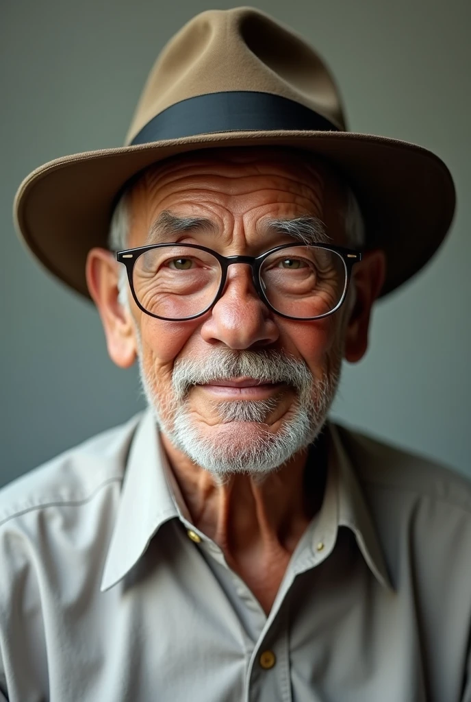 a 60 year old man, with glasses, hat and shirt.
