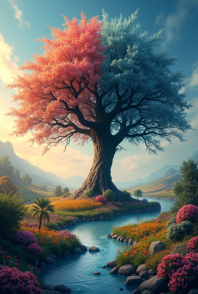 Imagine a surreal landscape where happiness and sadness coexist in a single, ambiguous scene. A large tree stands at the center, its branches split into two distinct halves: one side flourishing with vibrant, colorful flowers, while the other half is withered, dry, and lifeless. Above, the sky reflects this duality, with one side bathed in the soft glow of a sunrise and the other fading into the deep blues and purples of twilight. Surrounding the tree, the landscape is equally divided; rivers of tears flow through the scene, nourishing and bringing life to smiling flowers on one side, while on the other, the water dries up before reaching the drooping, wilting plants. The overall atmosphere expresses a harmonious yet nuanced blend of opposing emotions