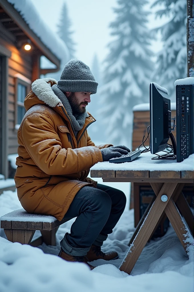 computer technician in winter clothes 