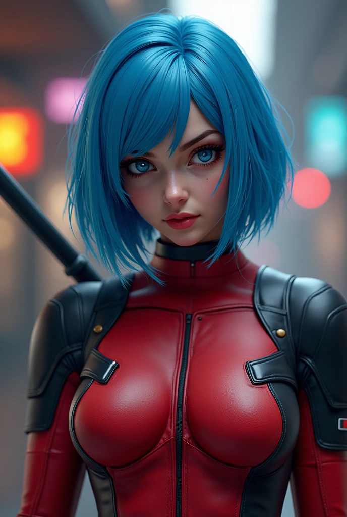 girl deadpool, short hair, blue hair, long bob hair, big breasts, slender body shape, Dynamic Frame, 8K, best quality, masterpiece, photorealistic, high resolution, solo, 1 girl, realistic and detailed skin, realistic,