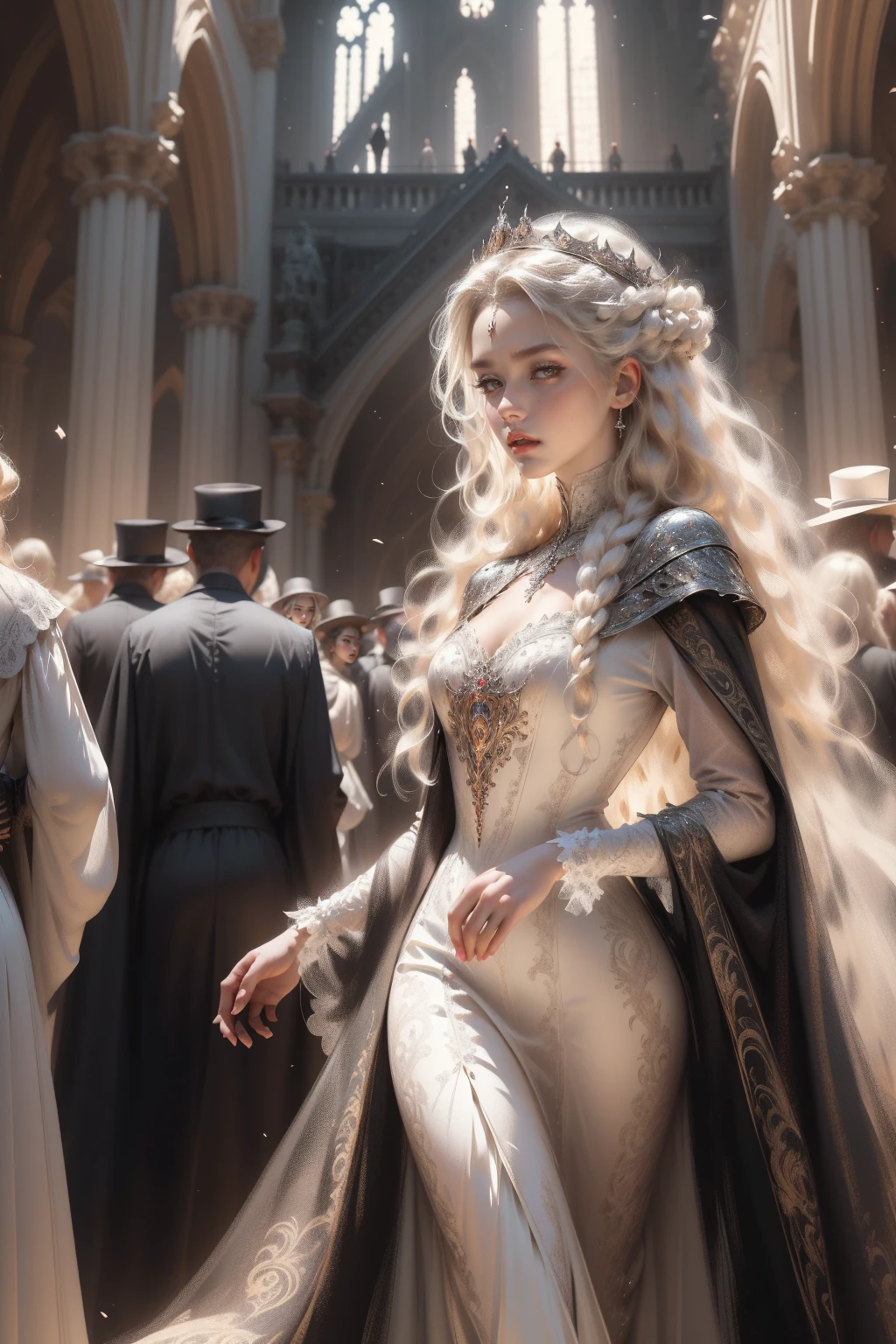 (Masterpiece - Ultra-detailed, very high resolution) Prepare to be enchanted by a true masterpiece that combines ultra-detailed art with high-resolution rendering. This work depicts a mesmerizing woman with very long blond hair (1.3) and captivating light blue eyes (1.2), emanating an aura of elegance and mystery in Victorian settings. The intricate details and realistic textures invite you to explore every aspect of this enchanting composition. Woman wearing beautiful classic Victorian costume from the year 1878. Red lips. Happy face. Smiling. (white dress:1.2). Walking,backwards, looking back, upper body, dynamic poses. Get ready to dive into a world where beauty and craftsmanship merge perfectly.