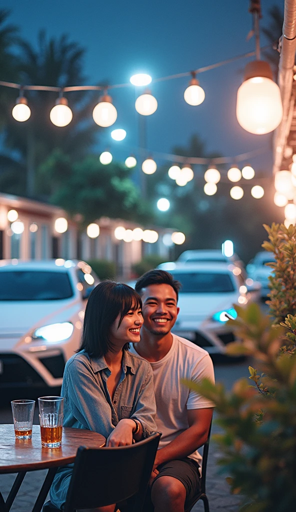 Very real, Beautiful evening atmosphere in an outdoor cafe, seorang pria tampan indonesia rambut pendek rapih tersenyum face is clearly visible memakai tshirt duduk disebuah kursi cafe outdoor bersama seorang wanita indonesia cantik tersenyum rambut shagy bob tersenyum memakai kemeja of shoulders.face is clearly visible, In front of them was a table with two drinking glasses and a bottle of Jack Daniels. The atmosphere on the side of the road, there is a parked Lamborghini, The lights emit a very beautiful light. Very bright lighting. They both look at the camera., fashion, photo