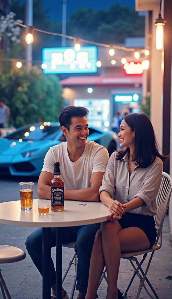 Very real, Beautiful evening atmosphere in an outdoor cafe, seorang pria tampan indonesia rambut pendek rapih tersenyum face is clearly visible memakai tshirt duduk disebuah kursi cafe outdoor bersama seorang wanita indonesia cantik tersenyum rambut shagy bob tersenyum memakai kemeja of shoulders.face is clearly visible, In front of them was a table with two drinking glasses and a bottle of Jack Daniels. The atmosphere on the side of the road, there is a parked Lamborghini, The lights emit a very beautiful light. Very bright lighting. They both look at the camera., fashion, photo