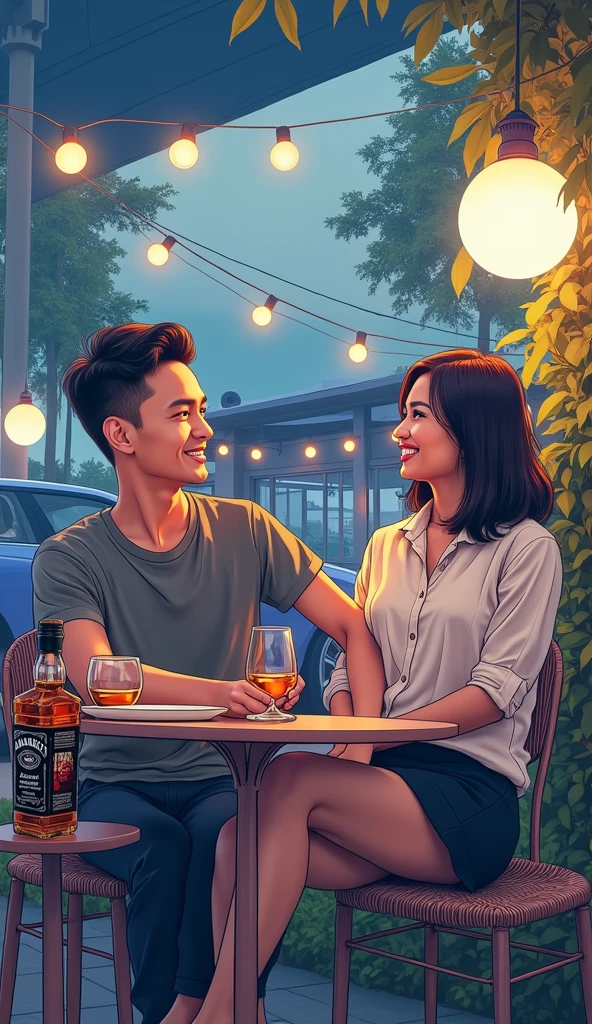 Very real, Beautiful evening atmosphere in an outdoor cafe, seorang pria tampan indonesia rambut pendek rapih tersenyum face is clearly visible memakai tshirt duduk disebuah kursi cafe outdoor bersama seorang wanita indonesia cantik tersenyum rambut shagy bob tersenyum memakai gaun of shoulders.face is clearly visible, In front of them was a table with two drinking glasses and a bottle of Jack Daniels. The atmosphere on the side of the road, there is a parked Lamborghini, The lights emit a very beautiful light. Very bright lighting. They both look at the camera., fashion, photo