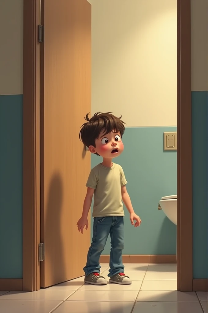 A boy waiting for a bathroom to become free