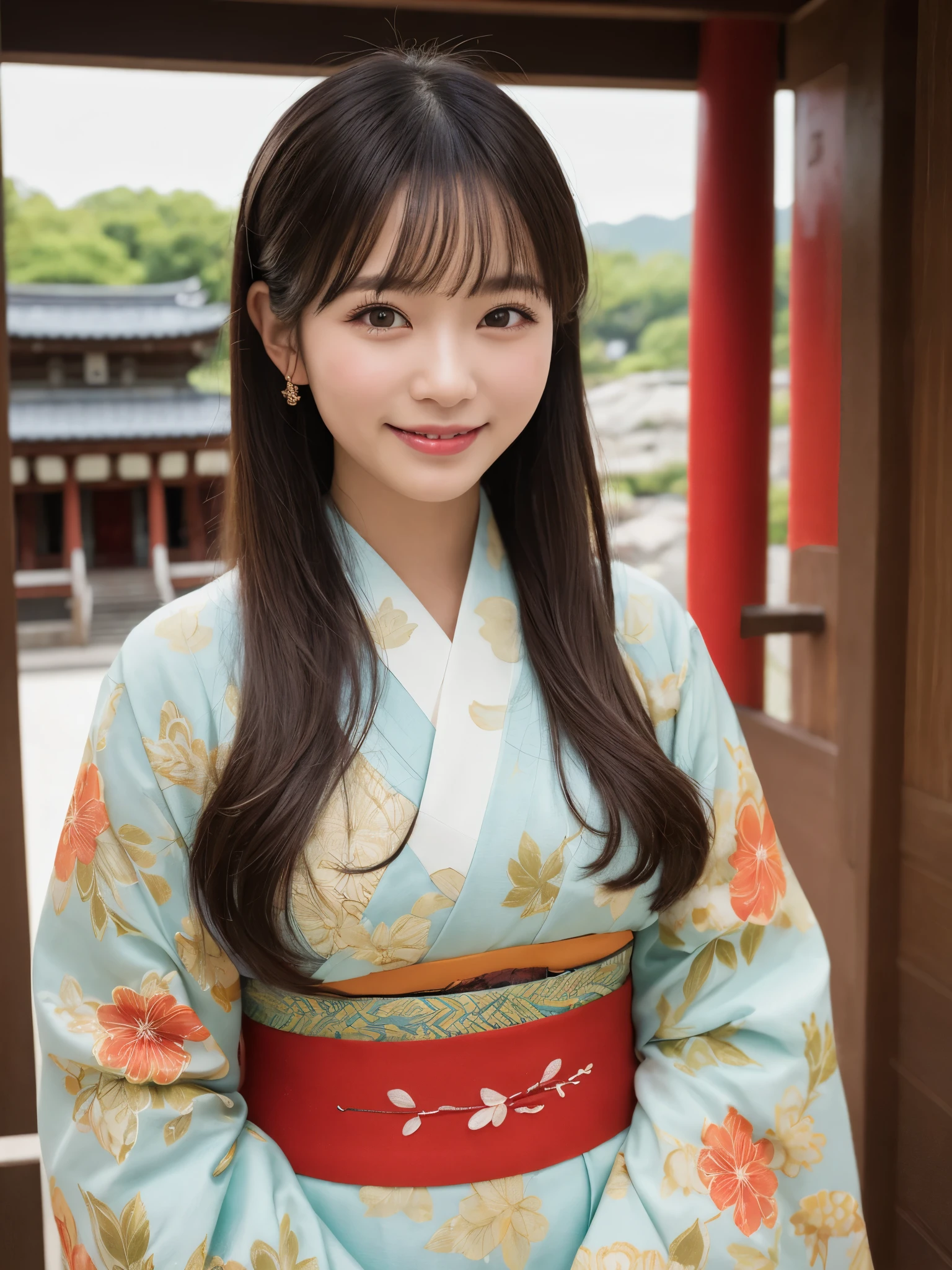1girl, solo, highres, best_quality, masterpiece, detailed_background, intricate_details, beautiful, sendai, osaki_hachiman_shrine, historical, traditional_clothes, kimono, serene, smile, looking_at_viewer, dynamic_pose, natural_pose, candid, happy
