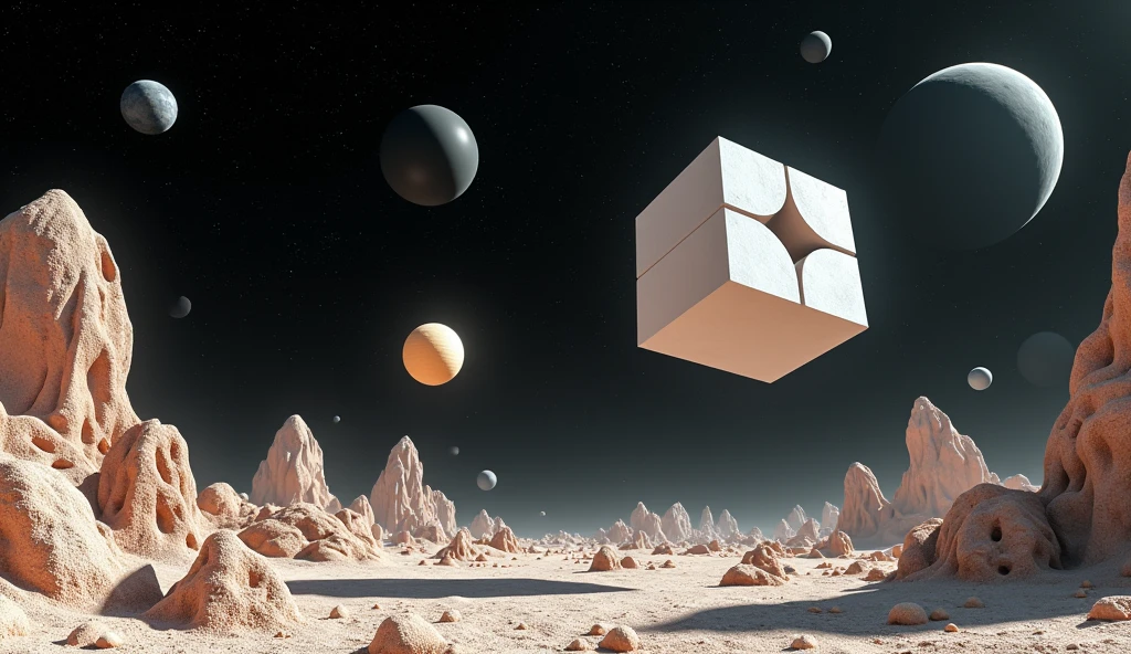 Floating geometrical 3d shapes levitating above ground on a weird landscape filled with old mechanical parts remnants from past civilization. Odd shapes of rock formations are scattered around. It's night time with pitch black sky full of stars and planets. Realistic, hyperrealism, high resolution, 4k hdr, volumetric lighting, extreme quality, sharp details, extremely detailed render. Photography, Photorealistic, realism, extreme detail, high quality graphics, ultra realistic, hyperrealism, high resolution, extreme quality, masterpiece, 4k hdr