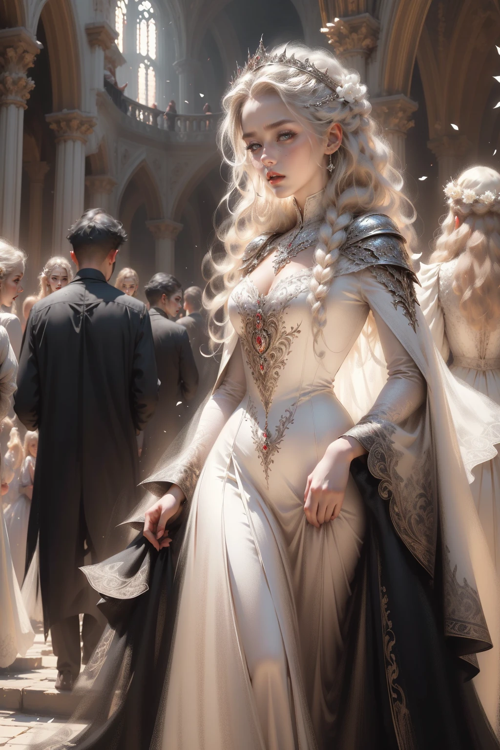 (Masterpiece - Ultra-detailed, very high resolution) Prepare to be enchanted by a true masterpiece that combines ultra-detailed art with high-resolution rendering. This work depicts a mesmerizing woman with very long blond hair (1.3) and captivating light blue eyes (1.2), emanating an aura of elegance and mystery in Victorian settings. The intricate details and realistic textures invite you to explore every aspect of this enchanting composition. Woman wearing beautiful classic Victorian costume from the year 1878. Red lips. Happy face. Smiling. (white dress:1.2). Walking,backwards, looking back, upper body, dynamic poses. Get ready to dive into a world where beauty and craftsmanship merge perfectly.