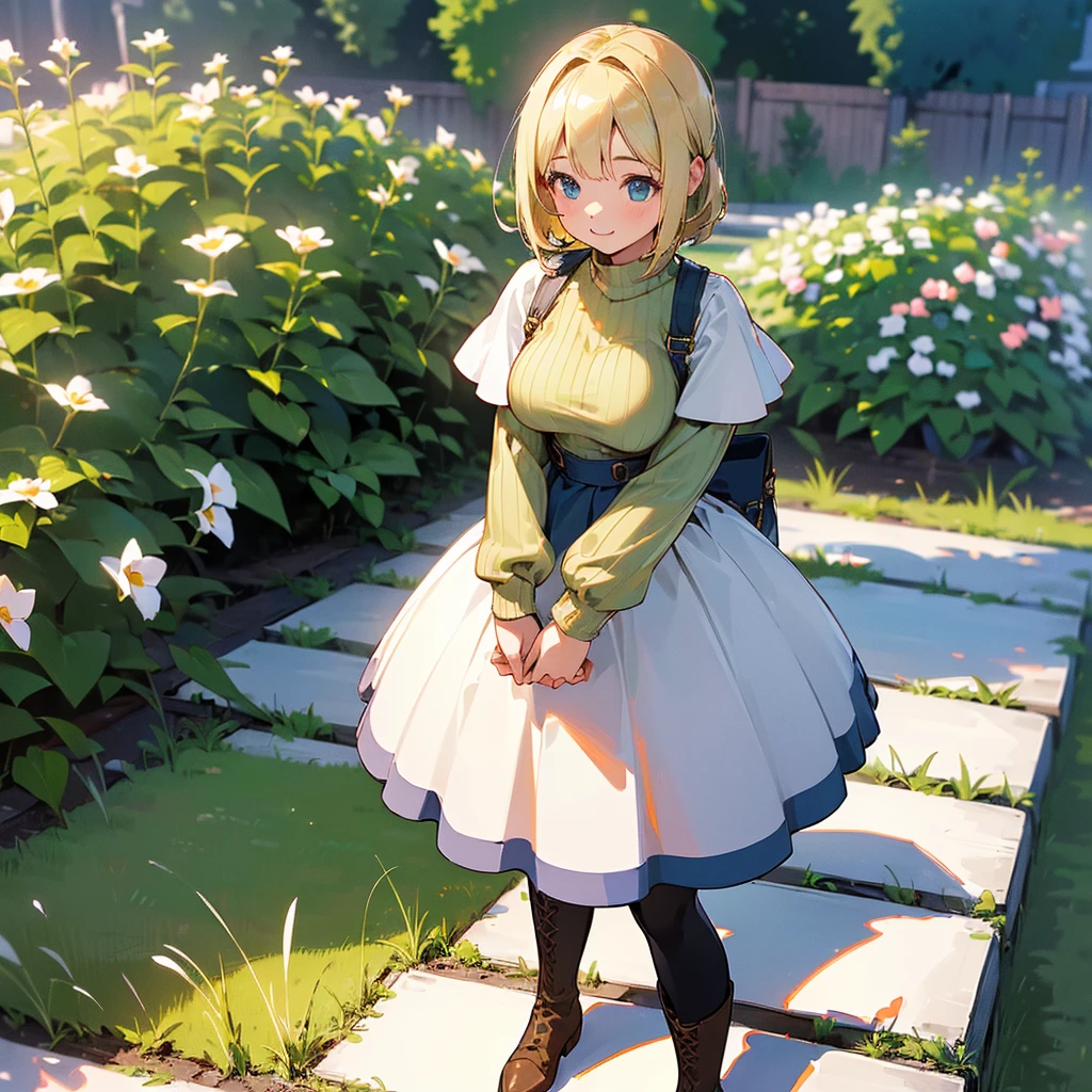 (high quality, High resolution, Very detailed, reality:1.37), Peaceful atmosphere, (Outdoor, garden), Teenage girl standing alone, (my breasts are big.), Beautiful details, Cute Smile, (Blonde Bob Hair), Ribbed sweater, Blue Skirt, Black tights, Brown boots.