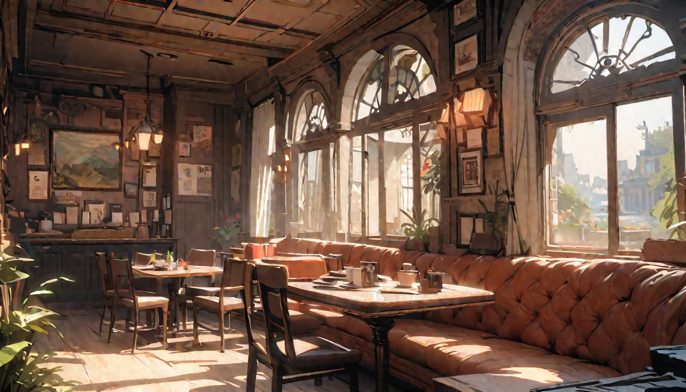 masterpiece,highest quality,ultra-detailed,high-definition background,8K,hi-res,high quality,BREAK,Cafe with a nice atmosphere、Antique interior、Stylish interior,girl, japanese manga style, sketch, Digital watercolor colors.