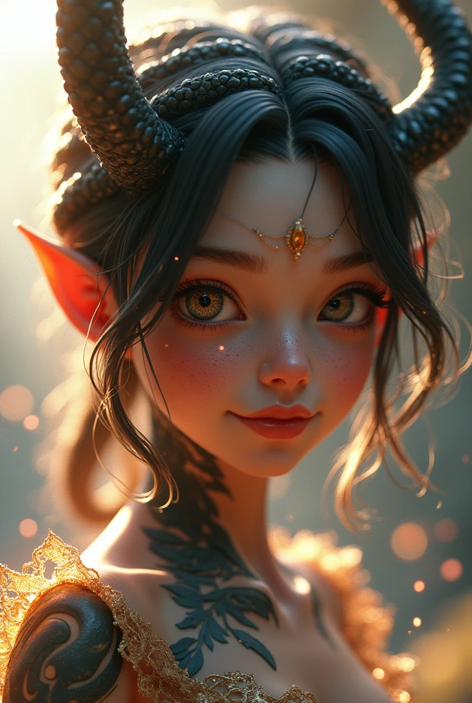 A cute young naga girl, full body detailed, smiling,Anatomically Correct, Masterpiece, High Details, Tentacle Hair, Covering Ears, Devil Pupils, Fujifilm, Glowing Light, Image Fill, Sparkle, 3D Rendering, Fujicolor, Unreal Engine,