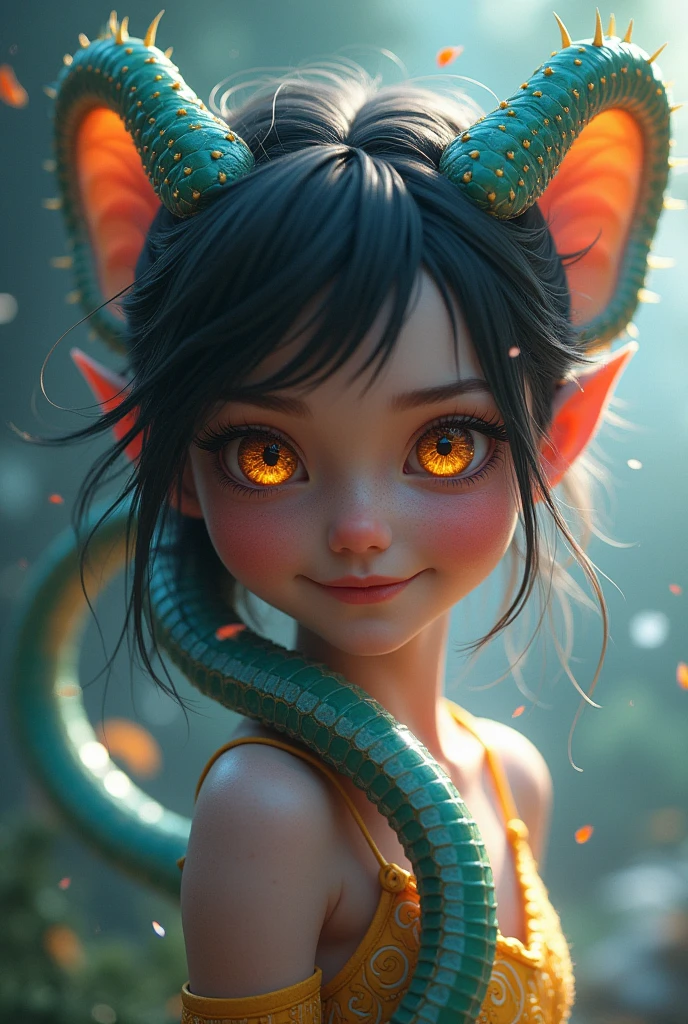 A cute young naga girl, full body detailed, smiling,Anatomically Correct, Masterpiece, High Details, Tentacle Hair, Covering Ears, Devil Pupils, Fujifilm, Glowing Light, Image Fill, Sparkle, 3D Rendering, Fujicolor, Unreal Engine,