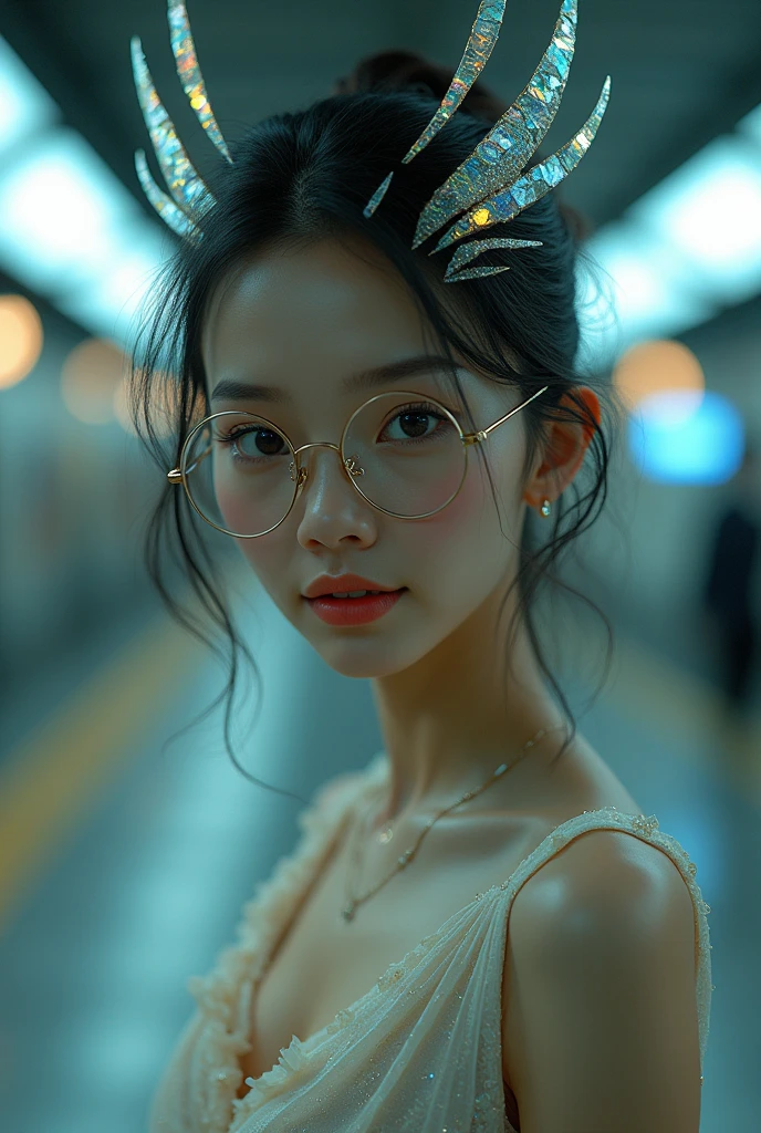 (UHD, retina, masterpiece, accurate, anatomically correct, textured skin, super detail, high details, high quality, best quality, high res, 1080P, HD, 4K, 8k, 16k), (beautiful detailed blue eyes, beautiful detailed lips, extremely detailed eyes and face), studio lighting, physically-based rendering, vivid colors, (large sexy breasts, glamorous body), (see through dress), (portrait, side cut, shiny hair, shiny skin, blush), (bokeh), eye reflection,, dark atmosphere, highly detailed skin texture, extreme details, perfect breast, dark tanned skin, freckles,, ultra detailed skin texture, soft lights,pale skin, glasses 