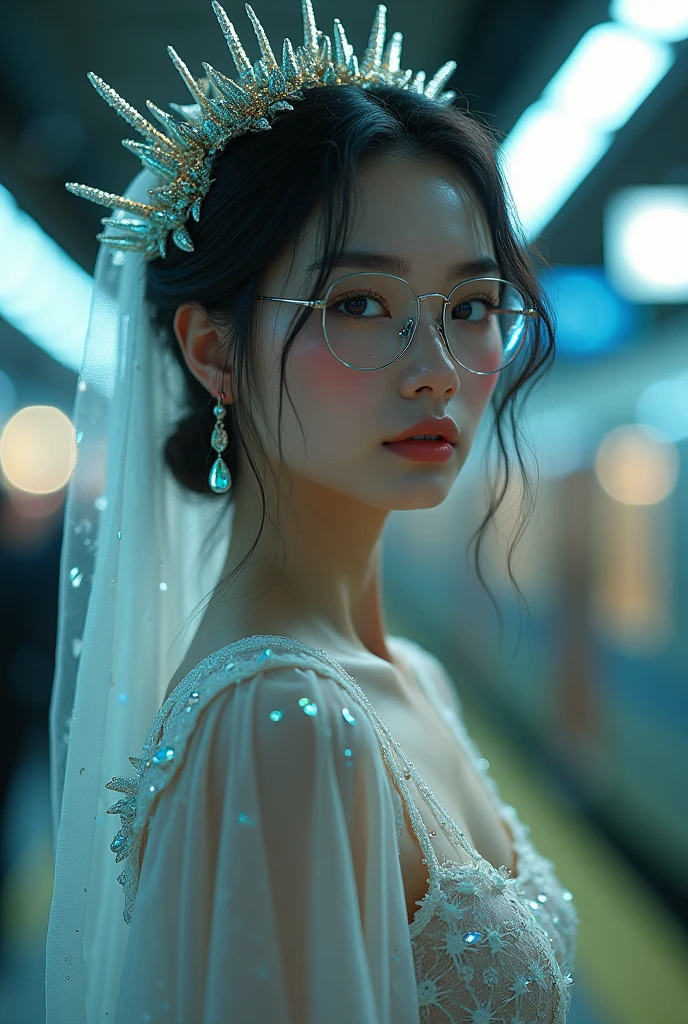 Beauty with specs, 1girl, (RAW photo, best quality), (realistic, photo-realistic:1.4), masterpiece, an extremely delicate and beautiful, extremely detailed, 2k wallpaper, Amazing, finely detail, extremely detailed CG unity 8k wallpaper, ultra-detailed, highres, soft light, beautiful detailed girl, extremely detailed eyes and face, wearing glasses, megane, beautiful detailed nose, beautiful detailed eyes, cinematic lighting, perfect anatomy, sexy, dynamic pose, slender body, smiling city lights at night, at a train station in tokyo,(bokeh:1.3) wearing blouse and skirt, off shoulder, centered, symmetry, painted, intricate, volumetric lighting, beautiful, rich deep colors masterpiece, sharp focus, ultra detailed, in the style of dan mumford and marc simonetti, astrophotography, Broken Glass effect, no background, stunning, something that even doesn't exist, mythical being, energy, molecular, textures, iridescent and luminescent scales, breathtaking beauty, pure perfection, divine presence, unforgettable, impressive, breathtaking beauty, Volumetric light, auras, rays, vivid colors reflects.