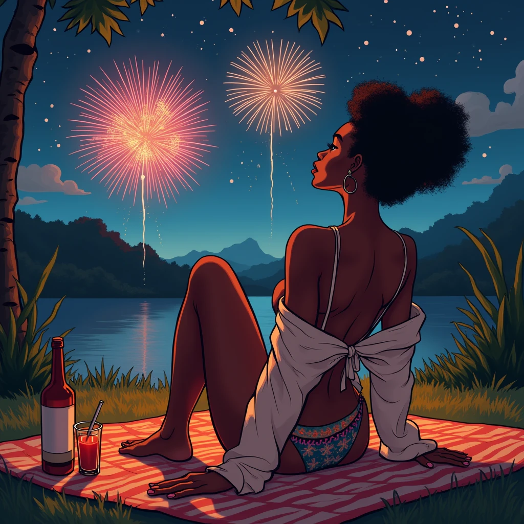 Vector art, over the shoulder shot of a scantily dressed African woman in bikini sitting on picnic blanket watching fireworks