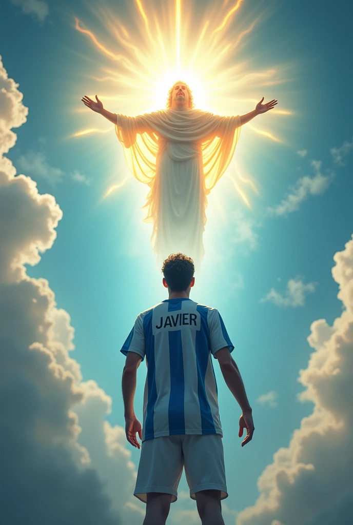 A person reaching heaven with a blue and white soccer shirt that has the name "Javier approaches" while God embraces him