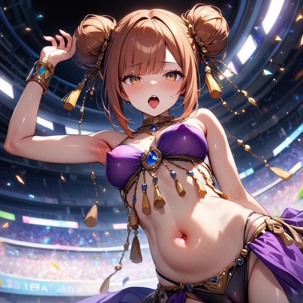 (high quality1.4), (finely detail:1.4), (nsfw), 1girl, (slender), (blunt bangs), (side-parted bangs), tongue, armpit, (medium breasts), (covered erectile nipples), brown eyes, dark orange hair, ((double bun)), (yellow tassel hair ornament:1.3), (swept bangs), ((shining purple belly dancer)), (cameltoe), solo, ((very bright stadium:1.4)), (8K, ultra high res, masterpiece, best quality:1.2),