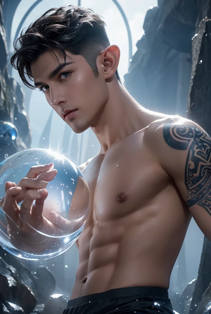 Absurdres, Masterpiece, Excellent, a tall handsome muscular young man, solo, perfect facial features, (short hairstyle:1.5), sexy gaze, beautiful, gorgeous, wet, digital painting, (wizard), slimming, elf, gray pupils, (floating crystal ball), wizard outfit, relax, detailed background, Fantasy, Magical, Mystical, Ethereal, Unique Style, Surreal, Symbolic, magical tattoos, looking at the viewers romantically,